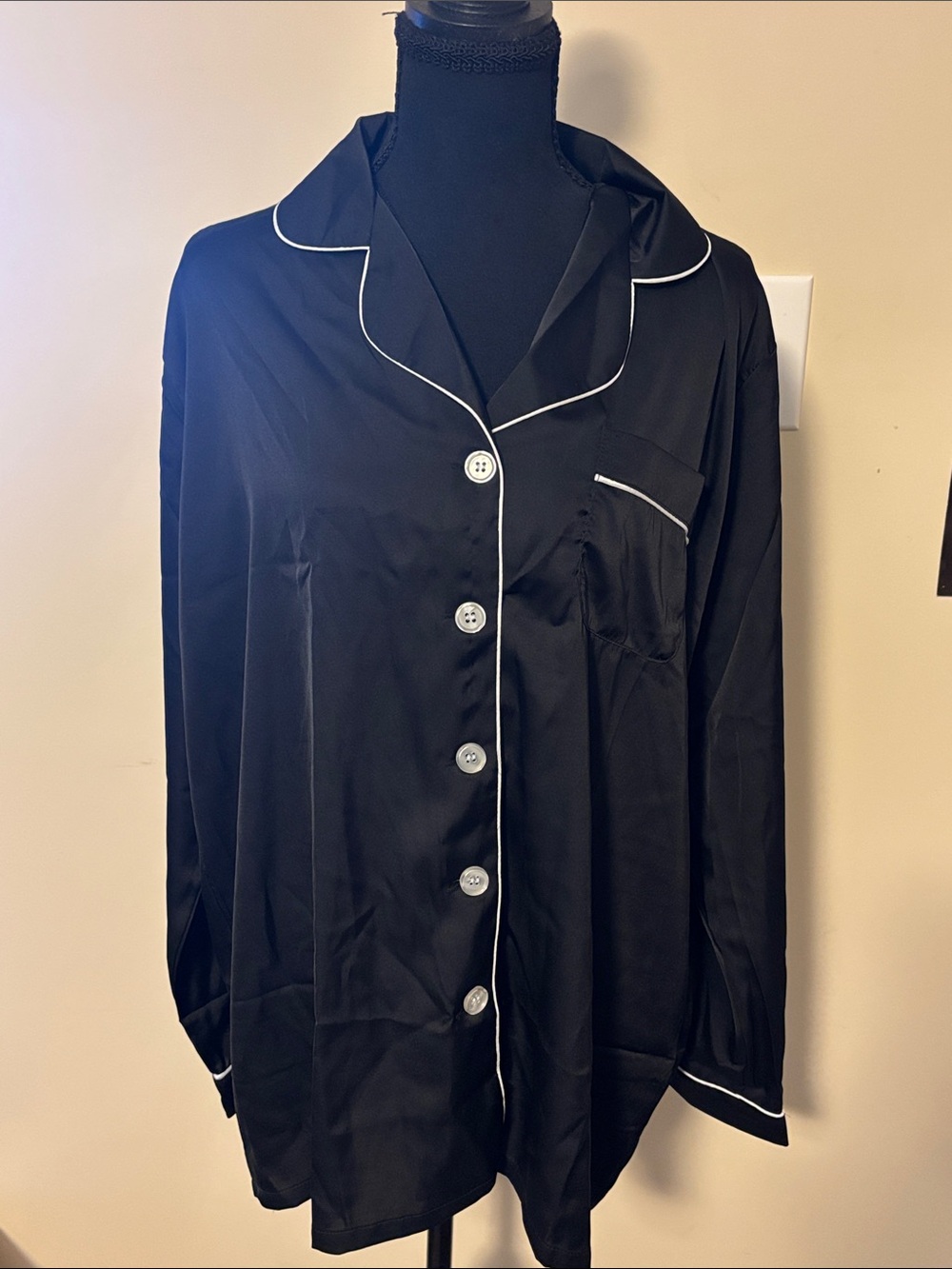 Black Satin Pajama Pant Set with White Piping